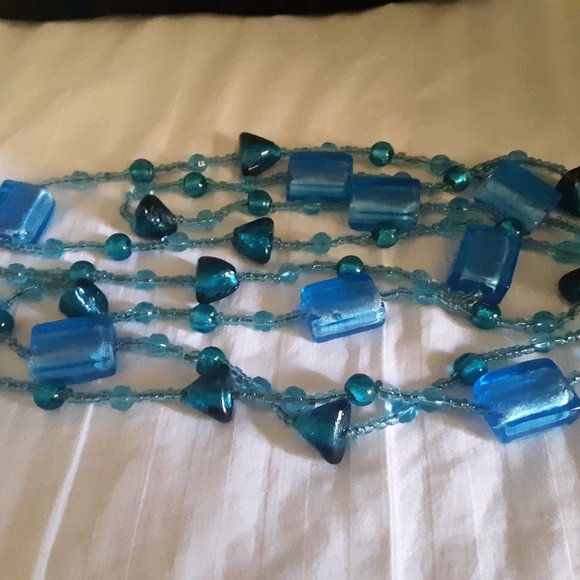 Blue Glass Bead Long Necklace Varid Blue Blue/Green Stones - Picture 2 of 8